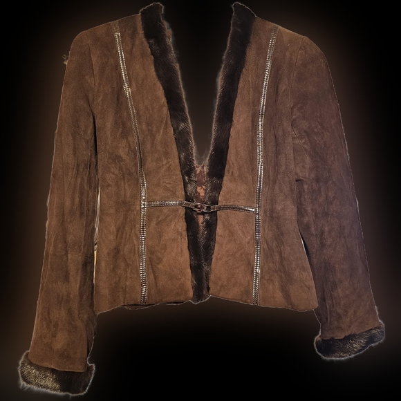 Doncaster Mink Trimmed Brown Leather Jacket Tailored Fit Magnetic Front Closure - Picture 6 of 6